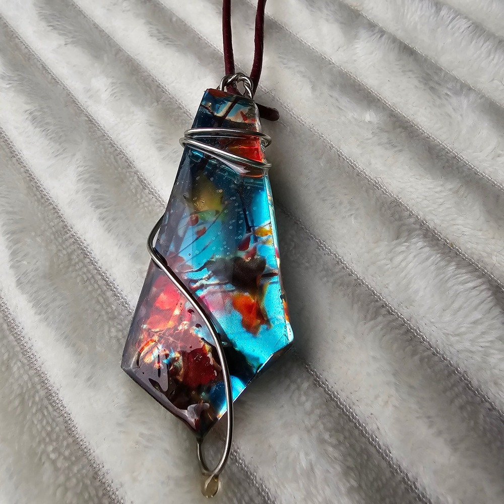 Artisan Fused Art Glass Wire Wrapped Pendant Necklace Multicolor Boho Abstract